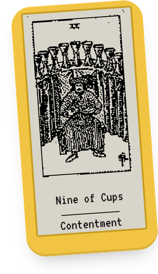 Pocket Oracle, a yellow e-paper device showing the Nine of Cups