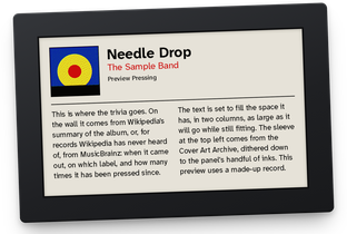 VinylHead, a framed colour e-paper display showing album art and notes about the record playing